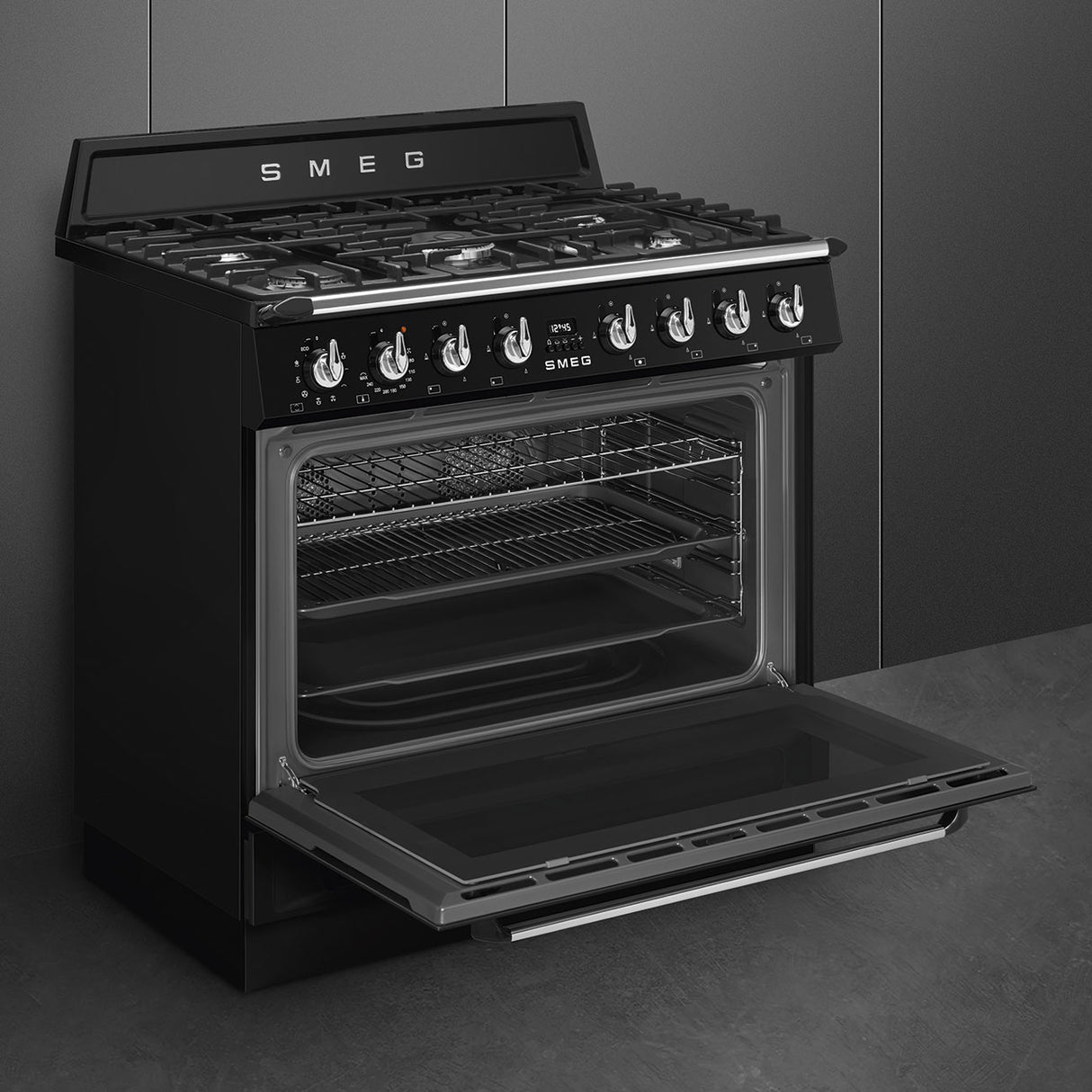 Smeg 90cm Victoria Freestanding Dual Fuel Oven/Stove Black TRA90GPBL