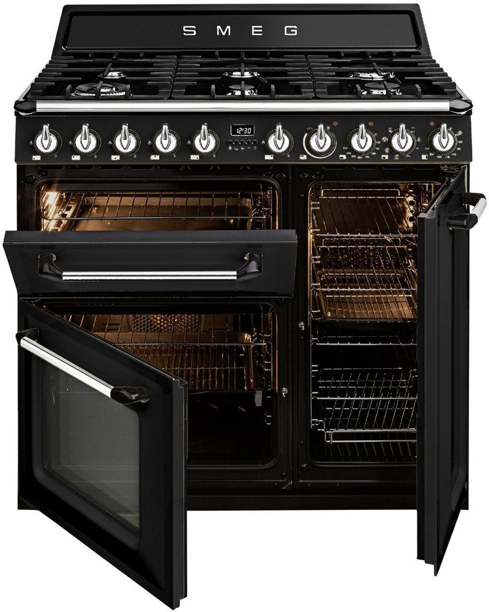 Smeg 90cm 68L Victoria Black Dual Fuel Freestanding Oven/Stove Black TRA93BL