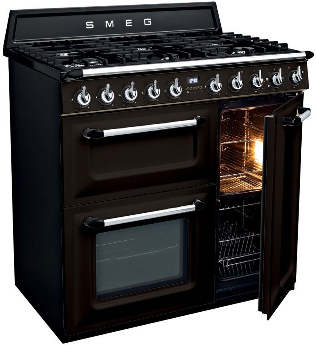 Smeg 90cm 68L Victoria Black Dual Fuel Freestanding Oven/Stove Black TRA93BL