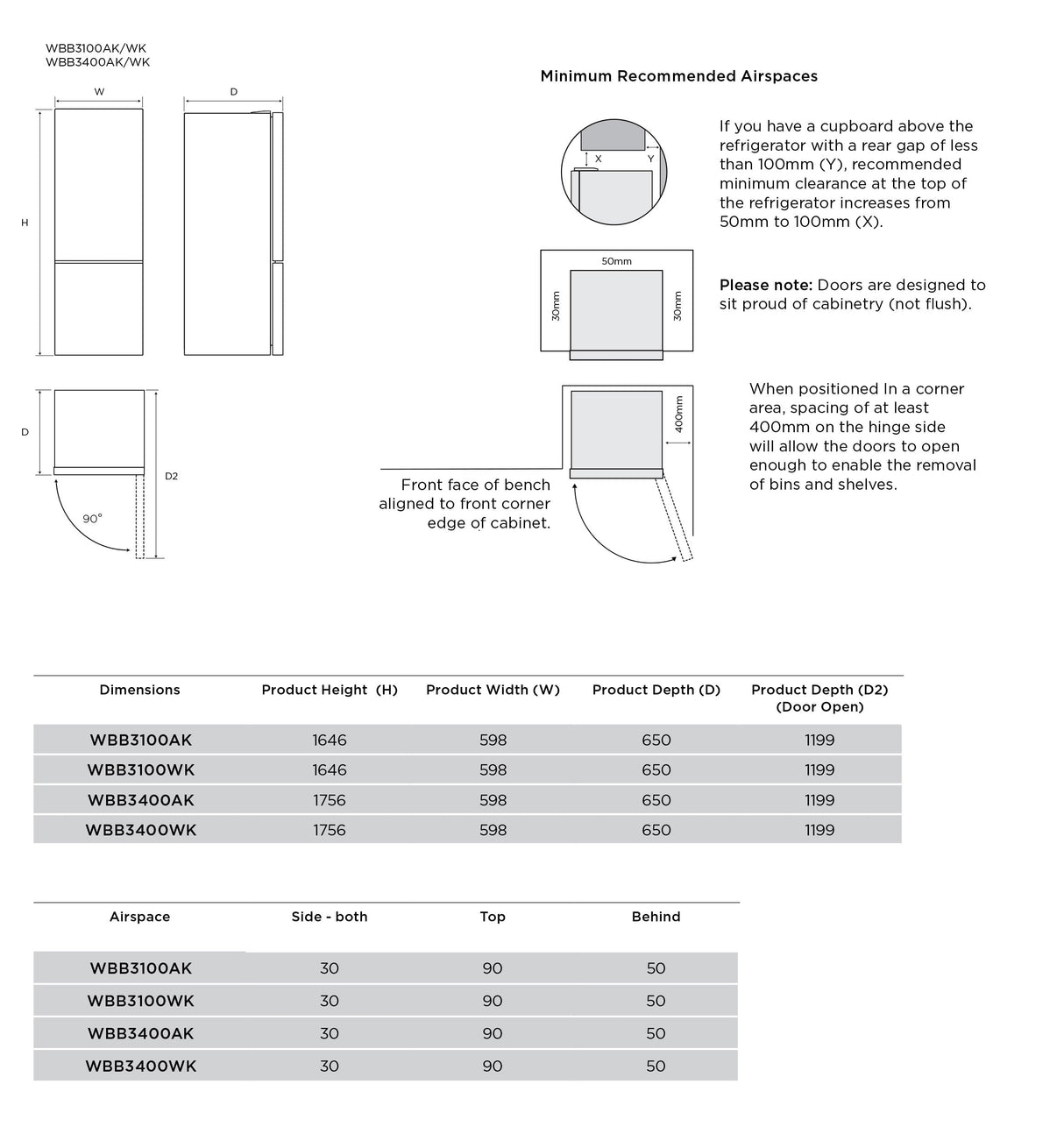 Westinghouse 308L Bottom Mount Refrigerator WBB3100WK | Greater Sydney Only