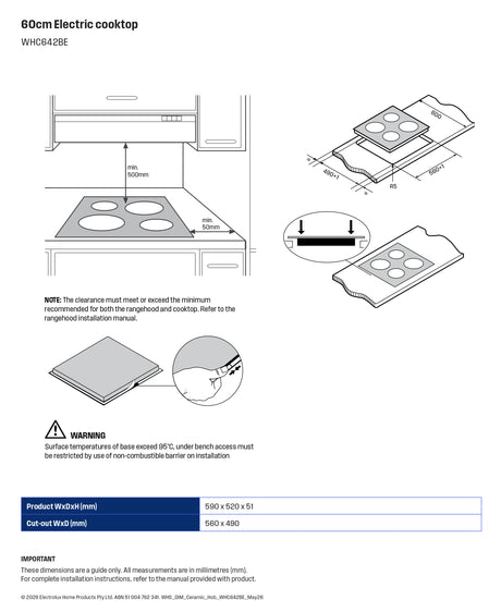 Westinghouse 60cm Black Ceramic Glass Electric Cooktop WHC642BE