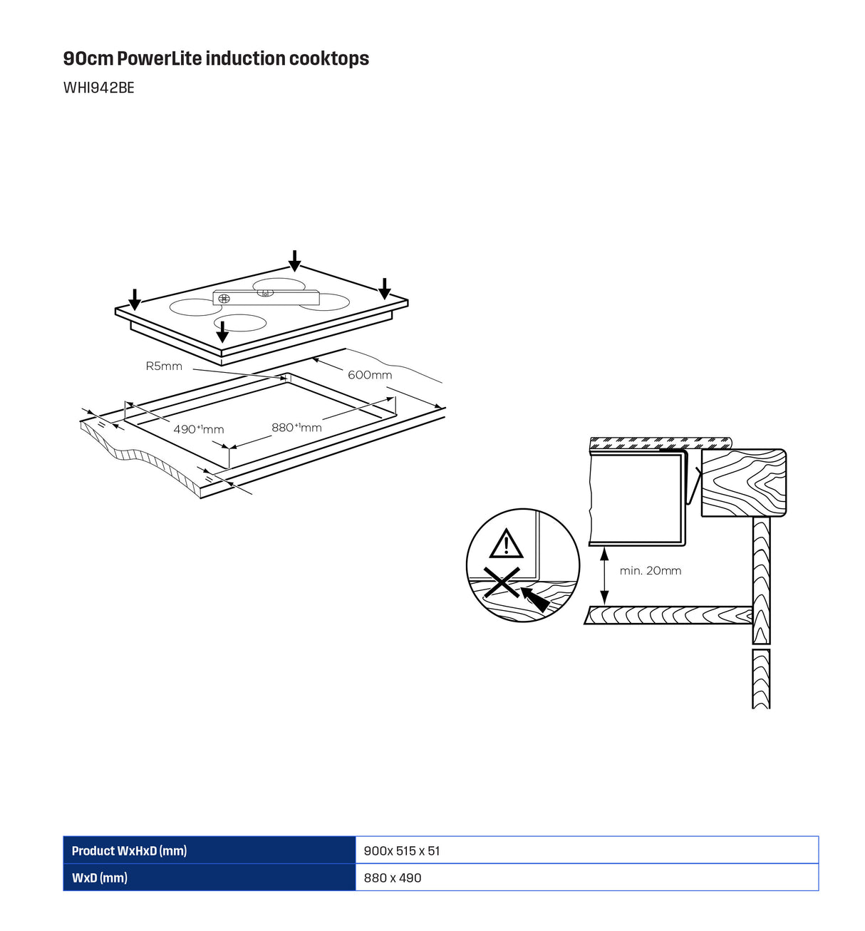 Westinghouse 90cm 4 Zone PowerLite Black Induction Cooktop WHI942BE