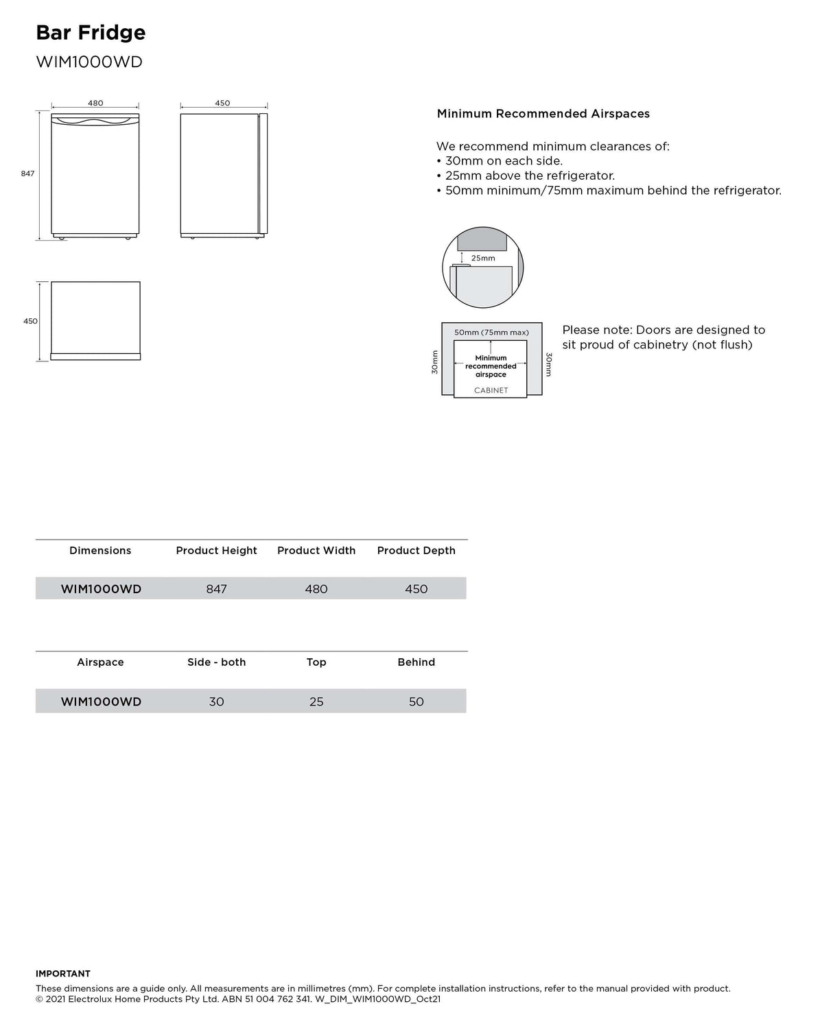 Westinghouse 93L Bar Fridge WIM1000WD