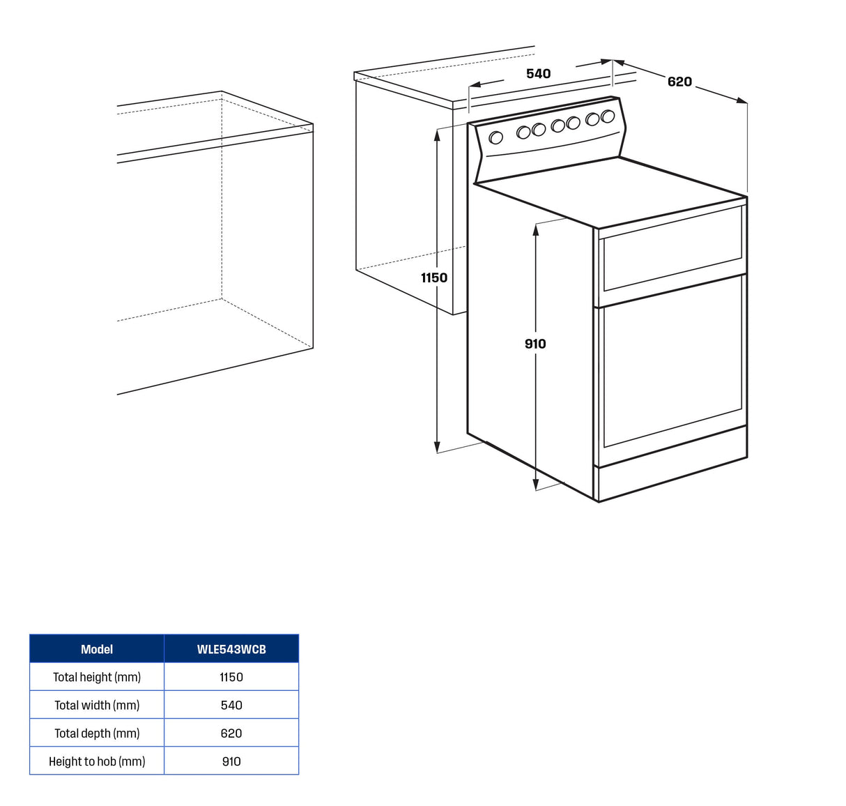 Westinghouse 54cm 80L Electric Freestanding Oven/Stove White WLE543WCB