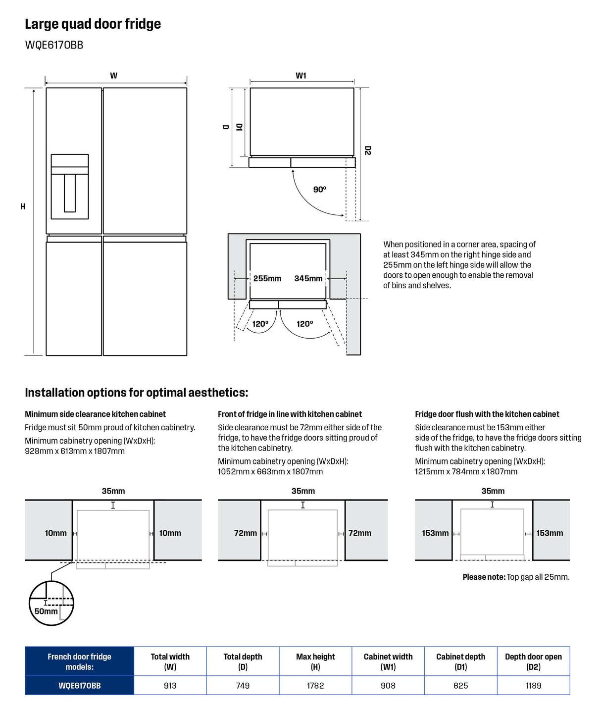 Westinghouse 609L French Quad Door Refrigerator WQE6170BB | Greater Sydney Only