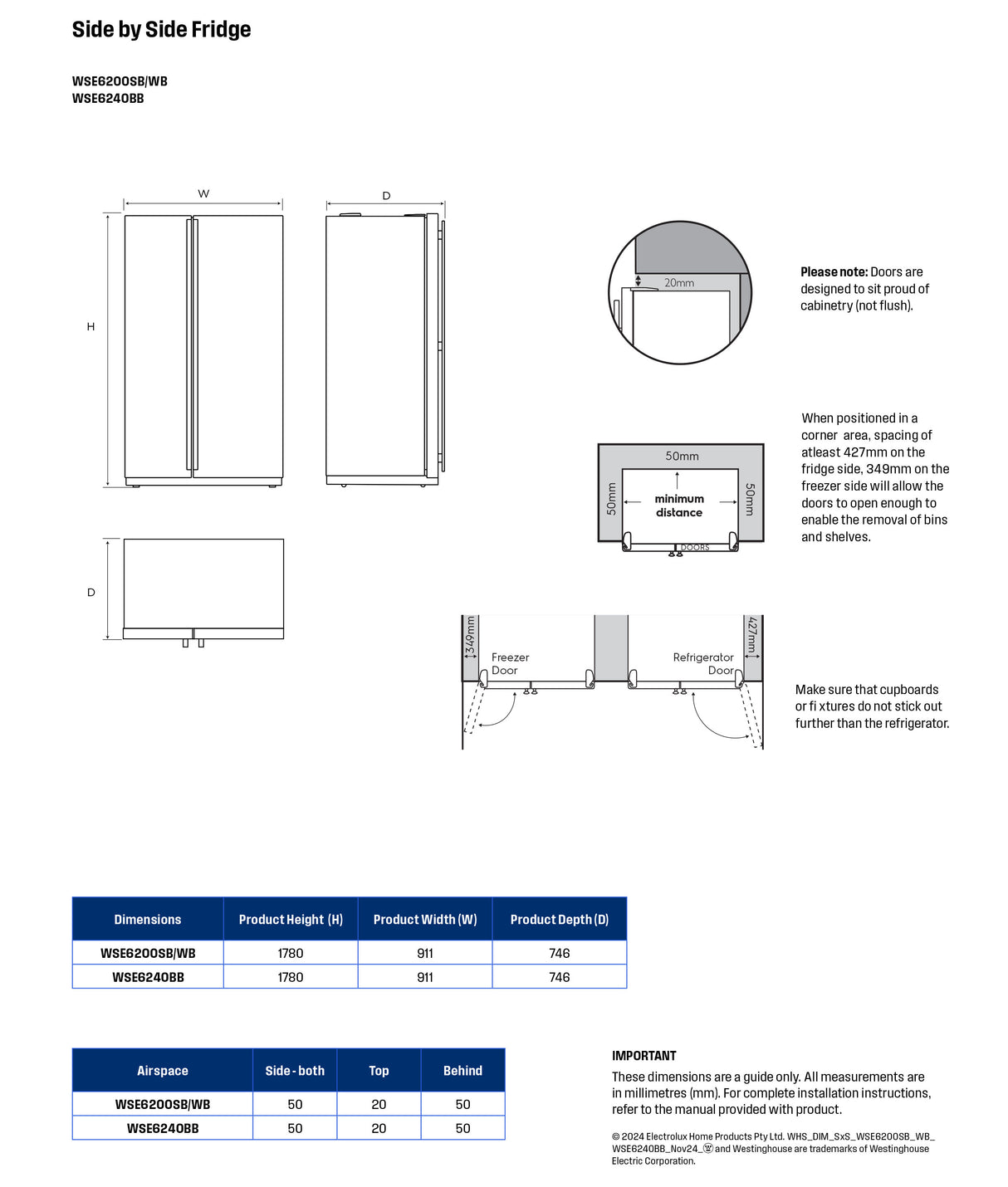 Westinghouse 624L Side By Side Refrigerator WSE6200WB | Greater Sydney Only